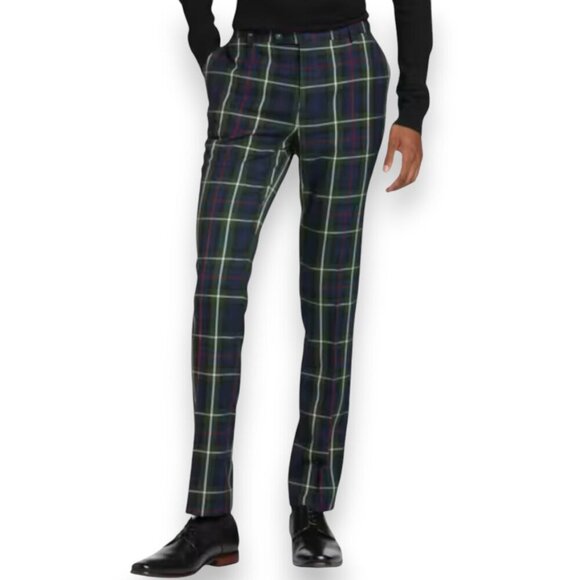 Tartan Plaid Blue Green Pants Preppy Slim Fit Size 32 - Picture 1 of 11